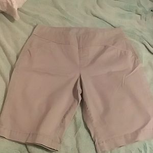 Khaki, grey Bermuda shorts.
