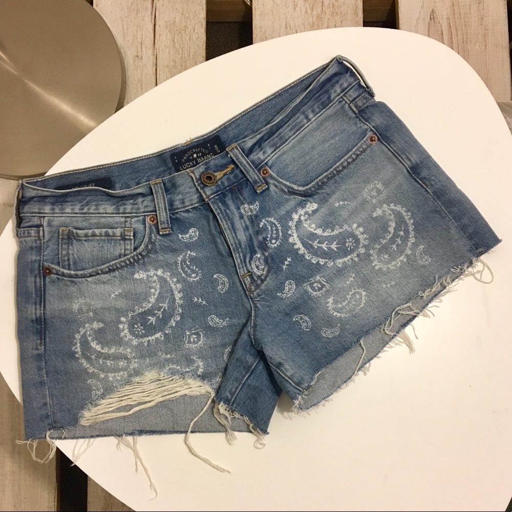 LUCKY BRAND: paisley print denim cut off shorts