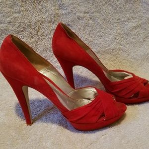 Red Suede Peep Toe Pump
