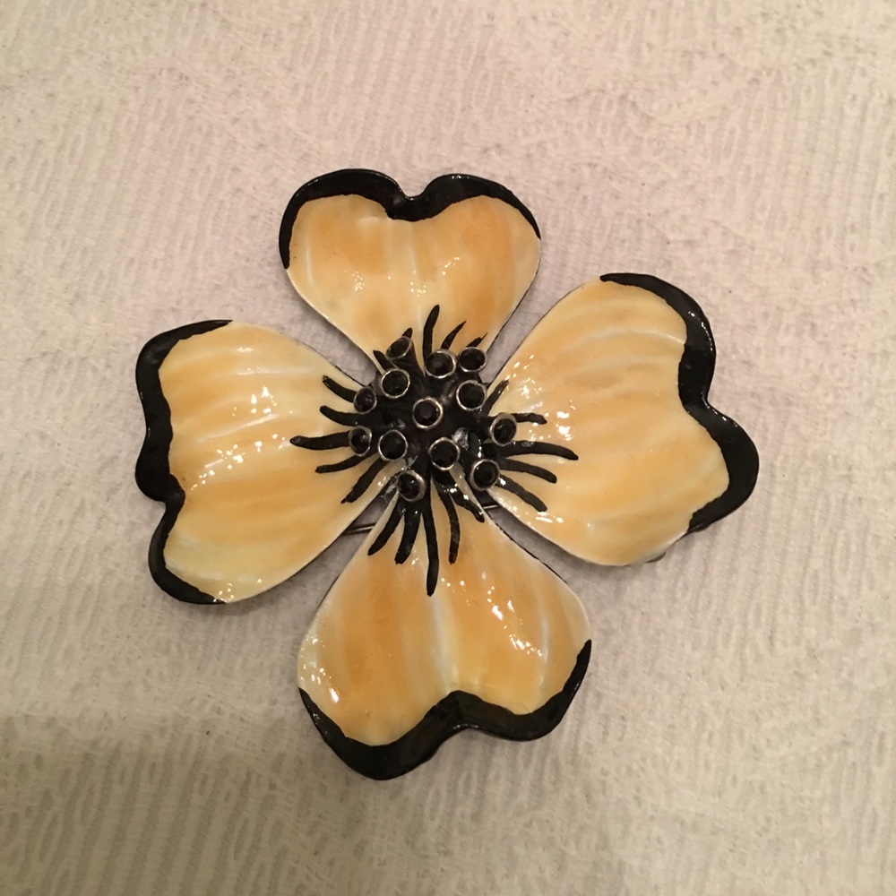 Ben Amun metal, paint and jet flower petunia pin.