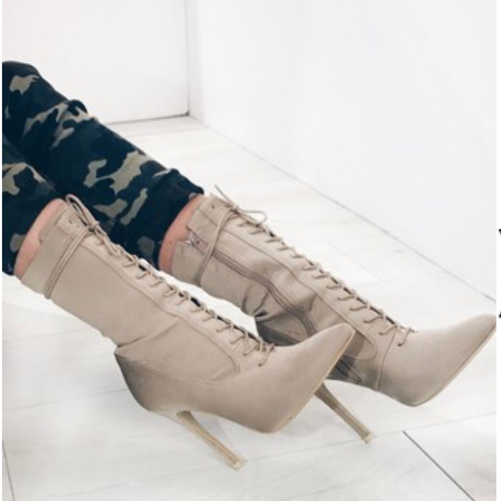 Nude Pointed Lace Up Heeled Boots