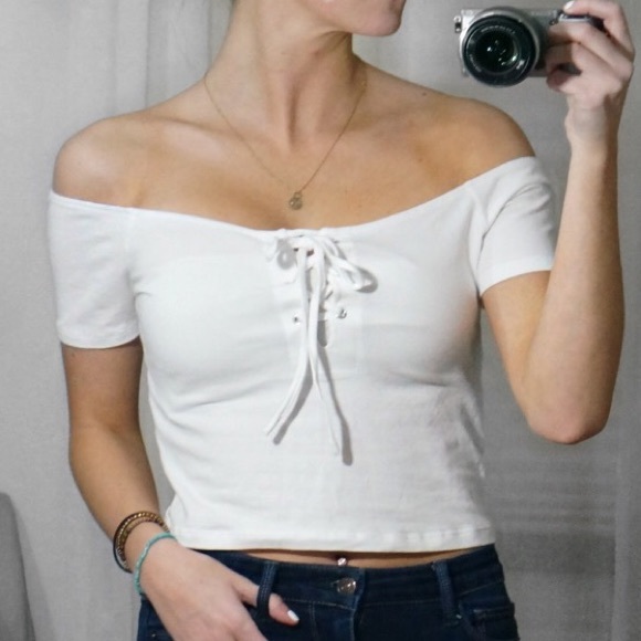 Tops - White Off-The-Shoulder Lace-Up Crop Top