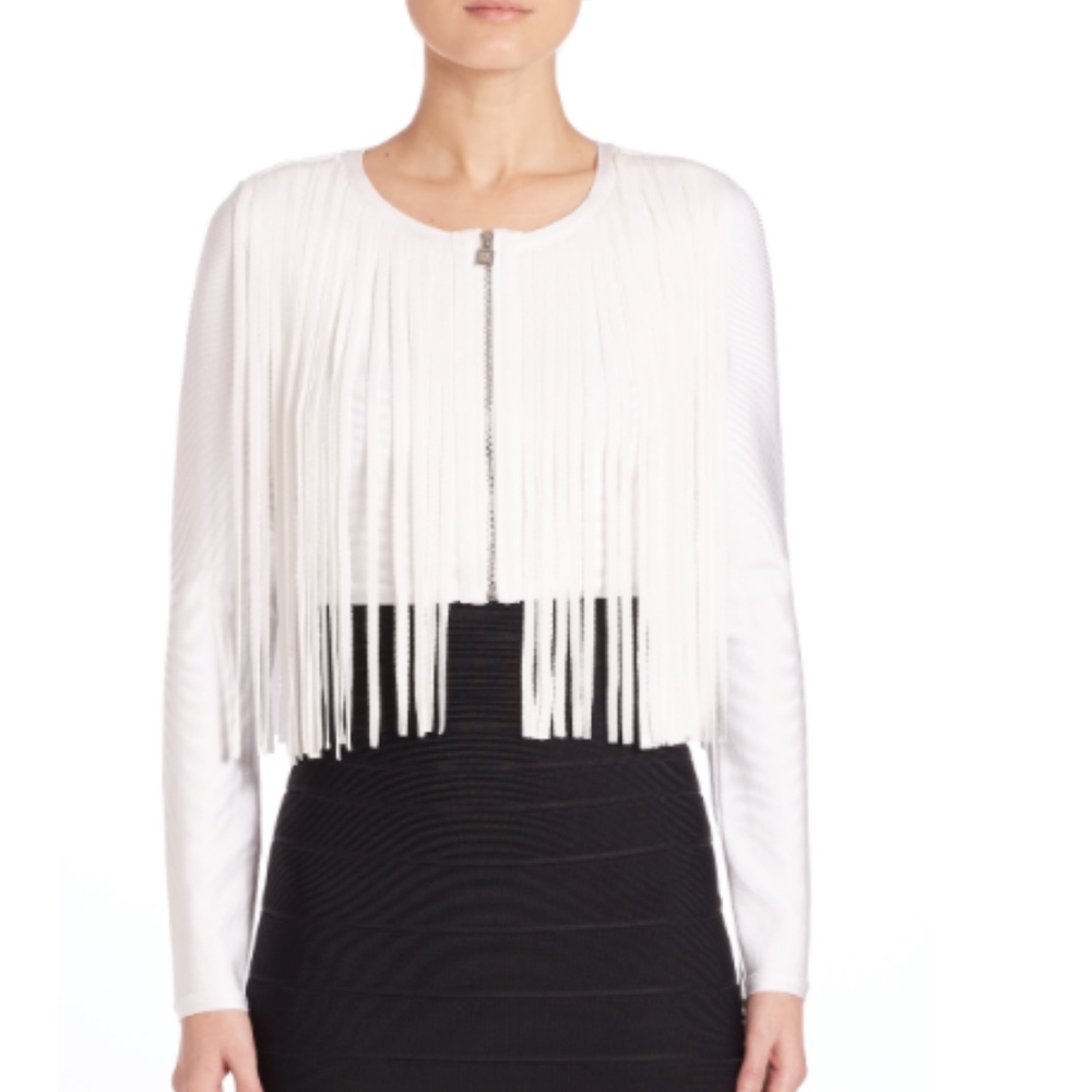 NWOT HERVE LEGER LAYNA ZIP UP FRINGE JACKET White