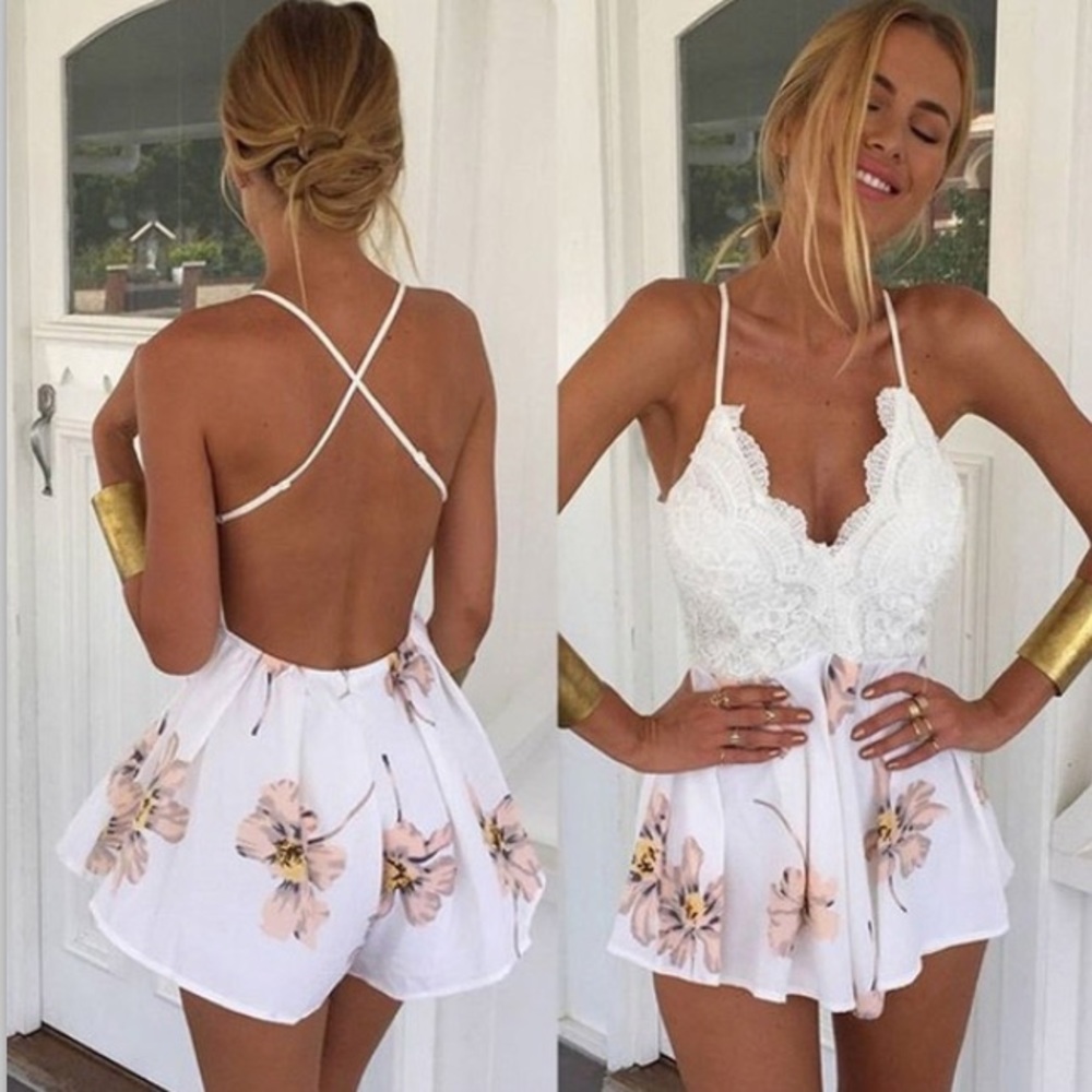 ONE LEFT! Pink and White Lace Floral Romper