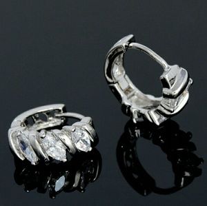 Silver Round Square CZ Stone Hoop Huggie Earrings