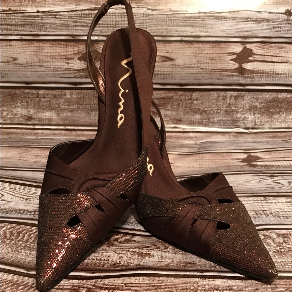 Brown embellished heels