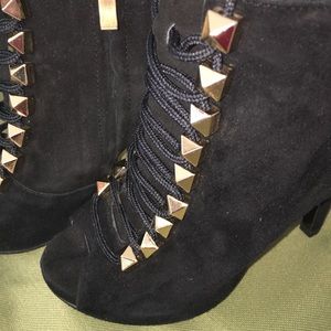 Faux suede peep toe booties