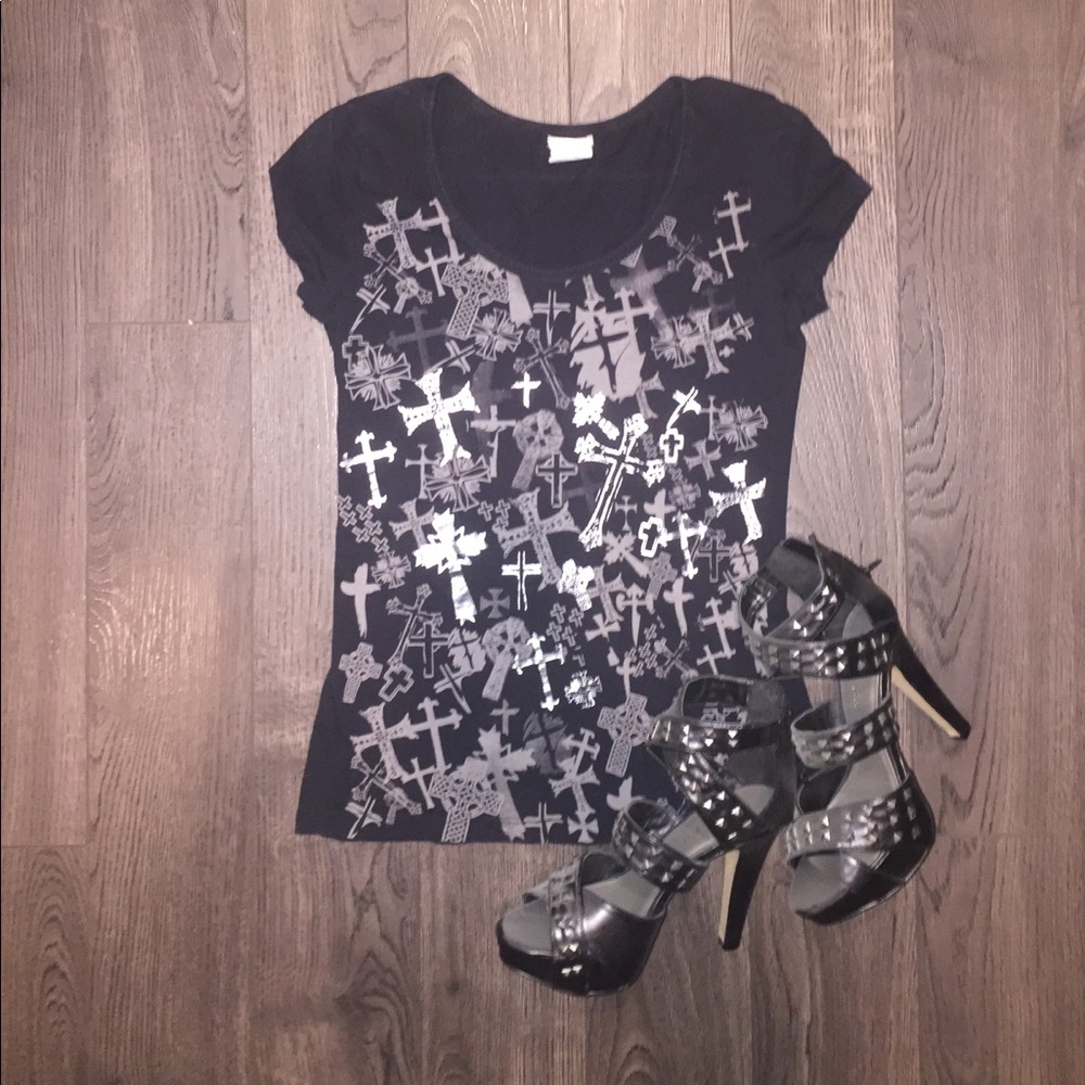 Black Tee with Silver/Gray Cross Graphics