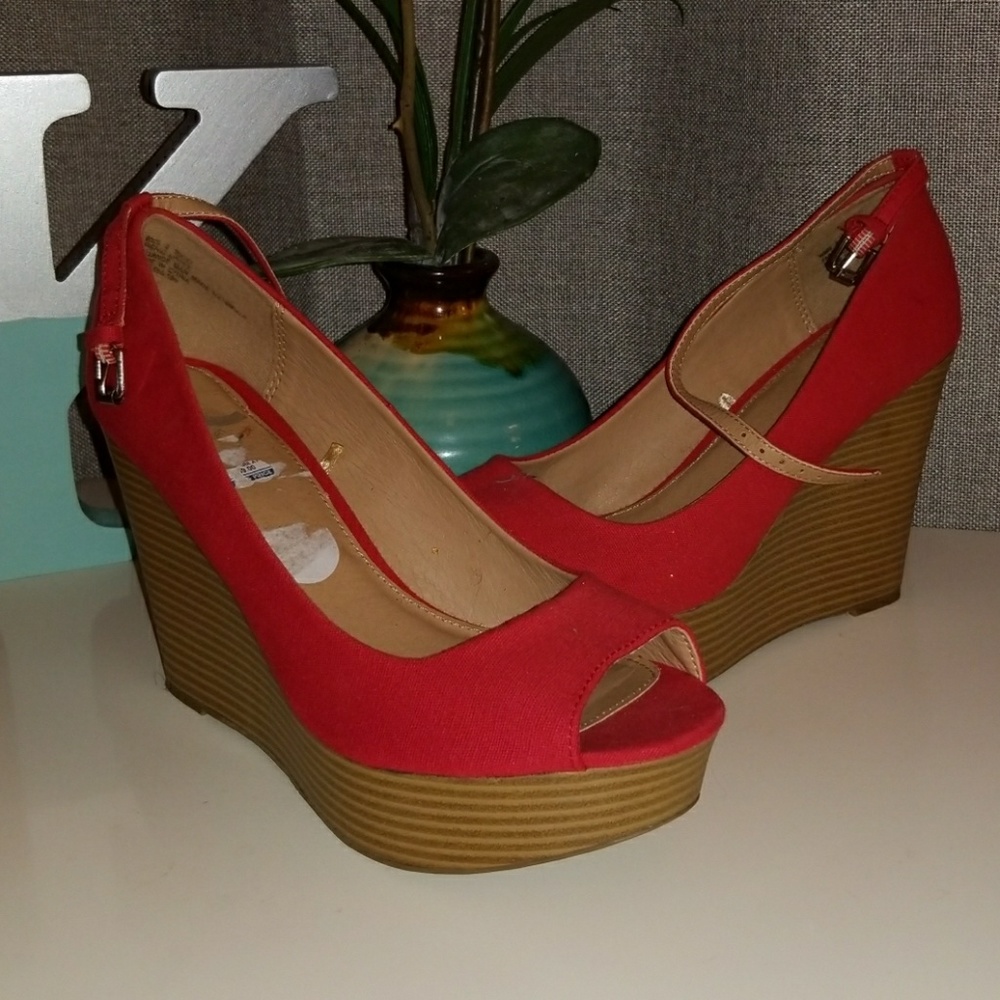 Dark Coral/Red Open Toe Wedges