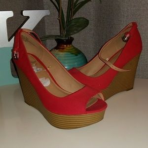 Dark Coral/Red Open Toe Wedges