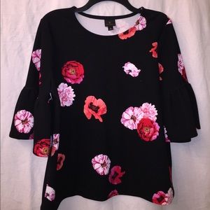 Worthington- Black Floral, Bell Sleeve Blouse