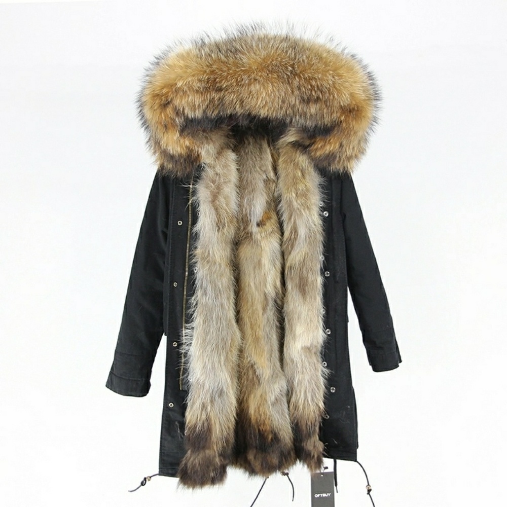 Black Hooded Real Fur Parka Coat Jacket