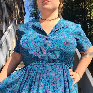 VINTAGE 80s PRINT BLUE DRESS