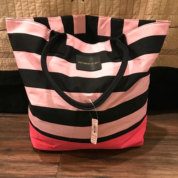 ๐ Victoriaโs Secret brand womenโs black and pink striped tote - Picture 2 of 4