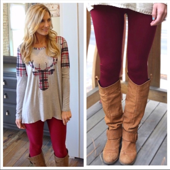 Burgundy Tummy Control Fleece Leggings - Picture 1 of 2