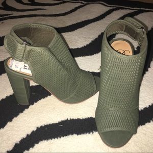 Olive Green booties open toe NEVER WORN