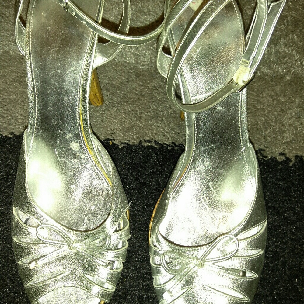 Silver cork heels