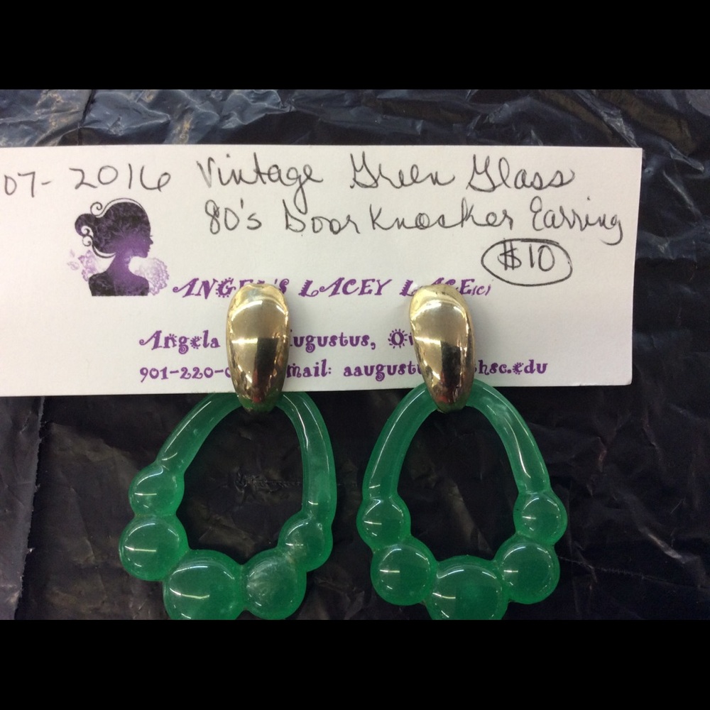 VTG 80’s Pierced Green Glass Door Knocker Earrings