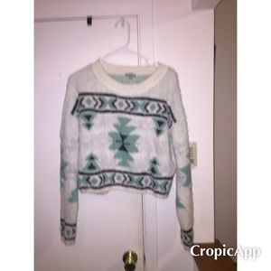 White,teal and black tribal print crop  CR sweater