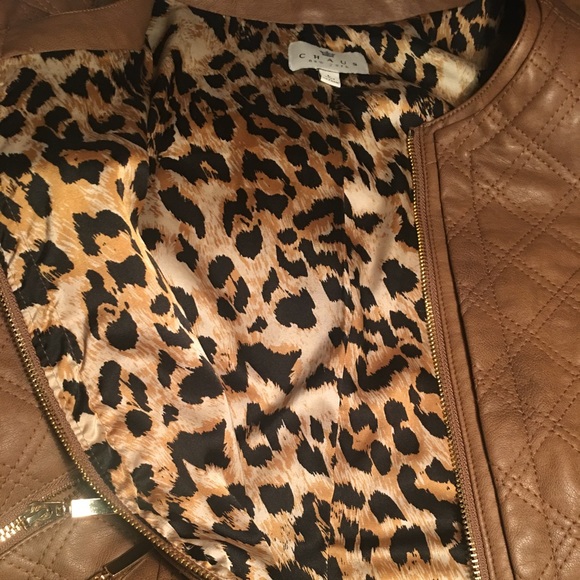 Chaus Brown Leather Jacket w/ Animal print detail - Picture 8 of 8