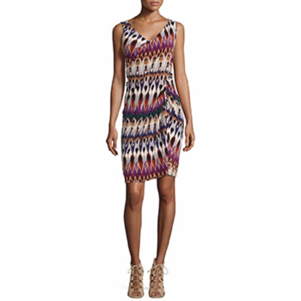 Badgley Mischka Sleeveless Printed Faux-Wrap Dress