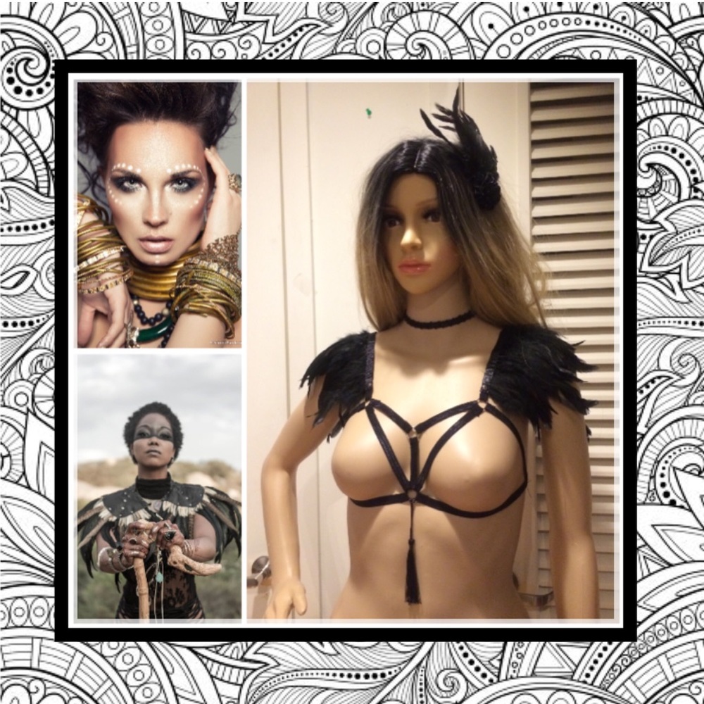 🍒 3PC FEATHER BRA HARNESS BOHO SET COSPLAY COSTUME FESTIVAL HAIR CLIP CHOKER