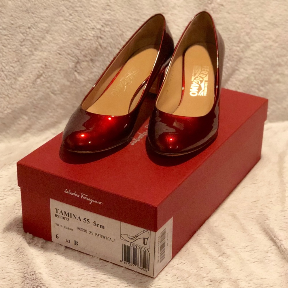 Salvatore Ferragamo slip on red patent pumps