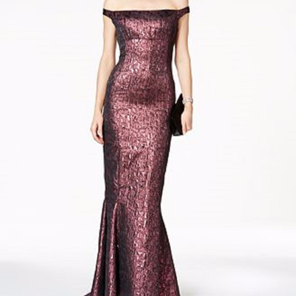 B Michael Off-The-Shoulder Metallic Jacquard Gown