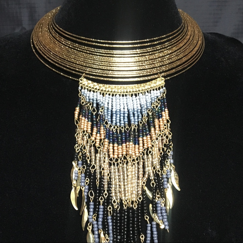 Beaded Tribal Statement Choker with Metal Feathers