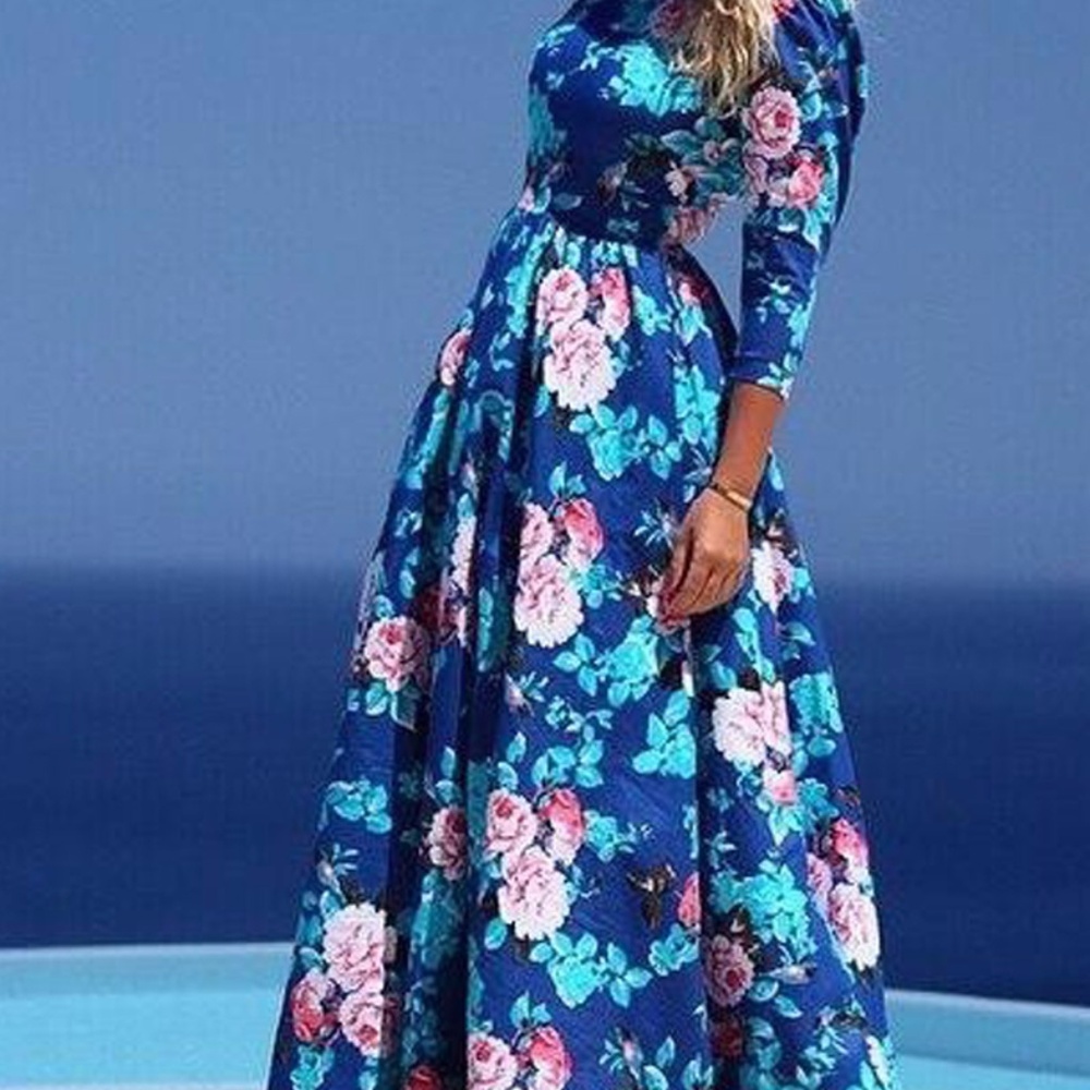 Blue Floral Print Round Collar High Waist Dress - Picture 1 of 6