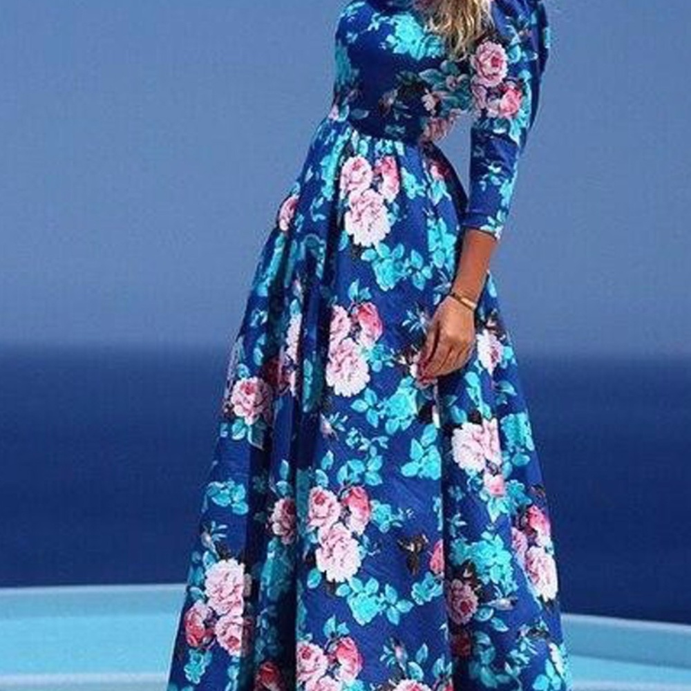 Blue Floral Print Round Collar High Waist Dress - Picture 2 of 6