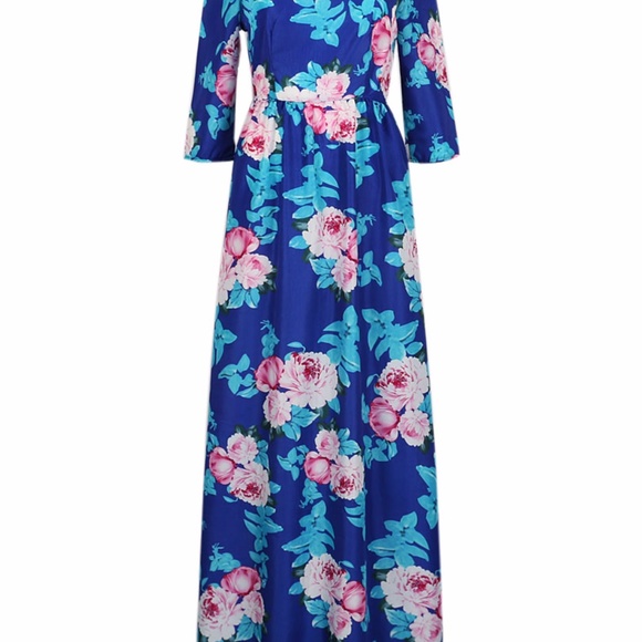 Blue Floral Print Round Collar High Waist Dress - Picture 3 of 6