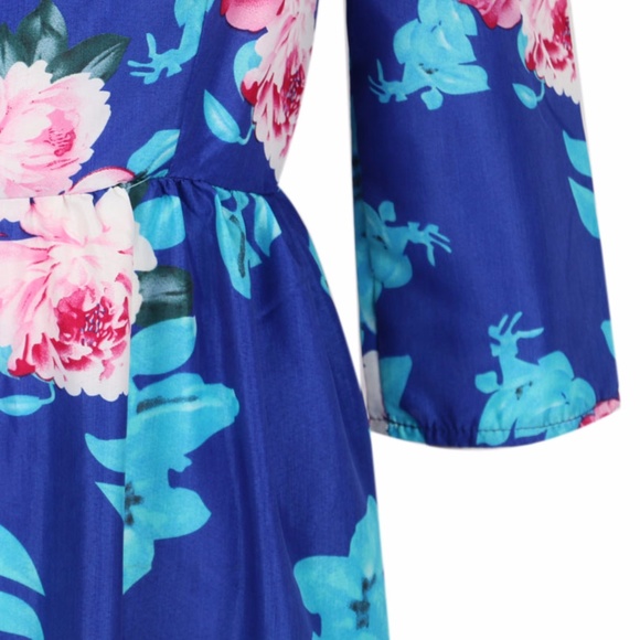 Blue Floral Print Round Collar High Waist Dress - Picture 5 of 6
