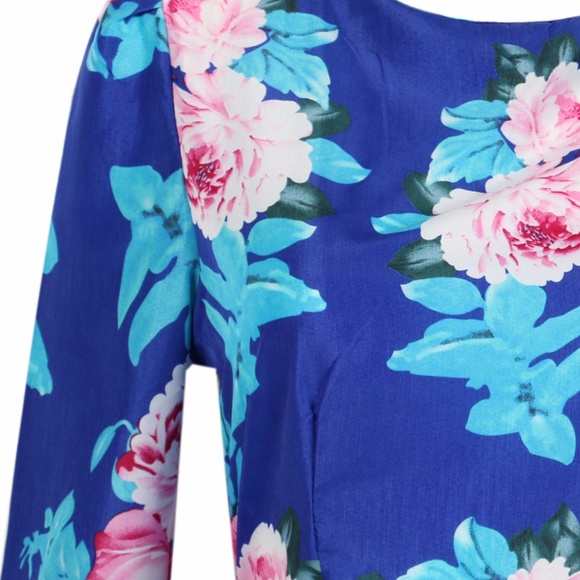 Blue Floral Print Round Collar High Waist Dress - Picture 4 of 6