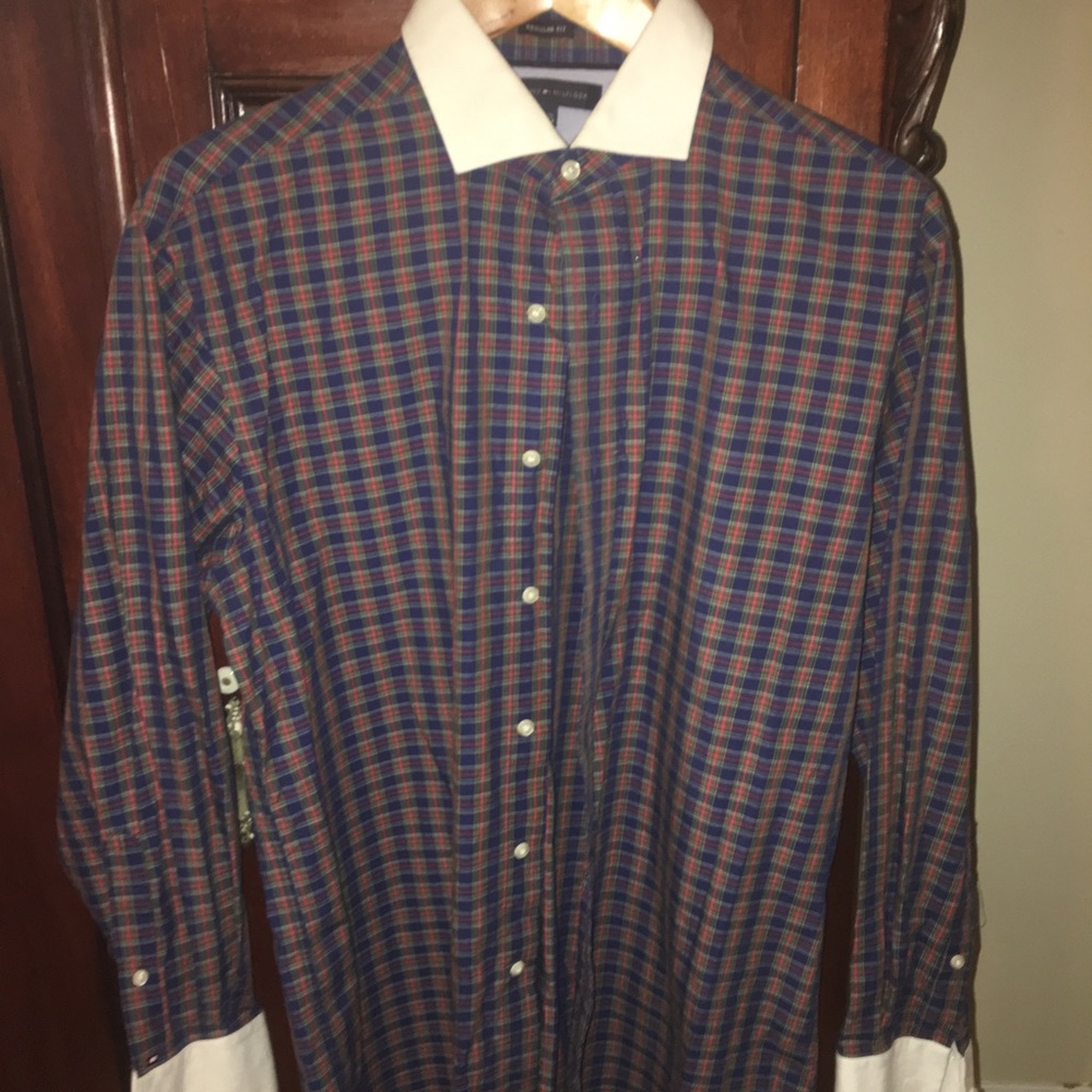 Tommy Hilfiger White Collar Plaid Dress Shirt