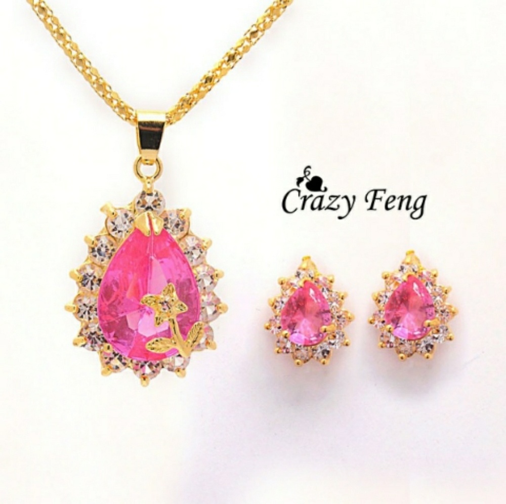 🆕GOLD PLATING RHINESTONE PINK CHAIN FLOWER SET