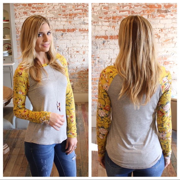 Heather gray yellow floral sleeve raglan top - Picture 2 of 2