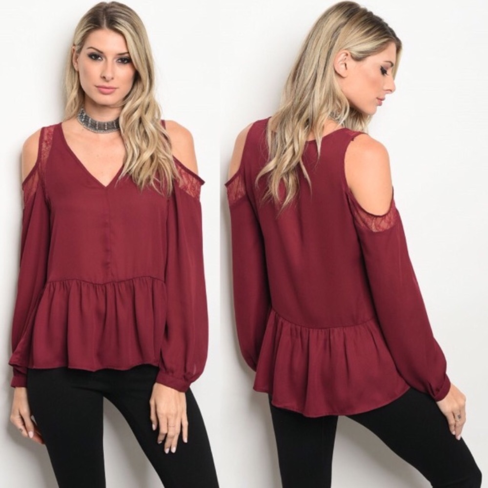 PRICE DROP🤗🤗Wine Lace Ruffle Blouse NWT