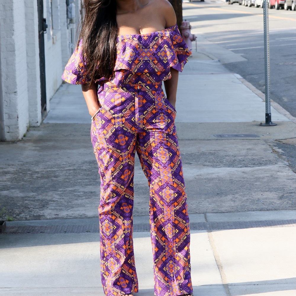 African Print Off Shoulder Crop Top Set For Women - Picture 2 of 8