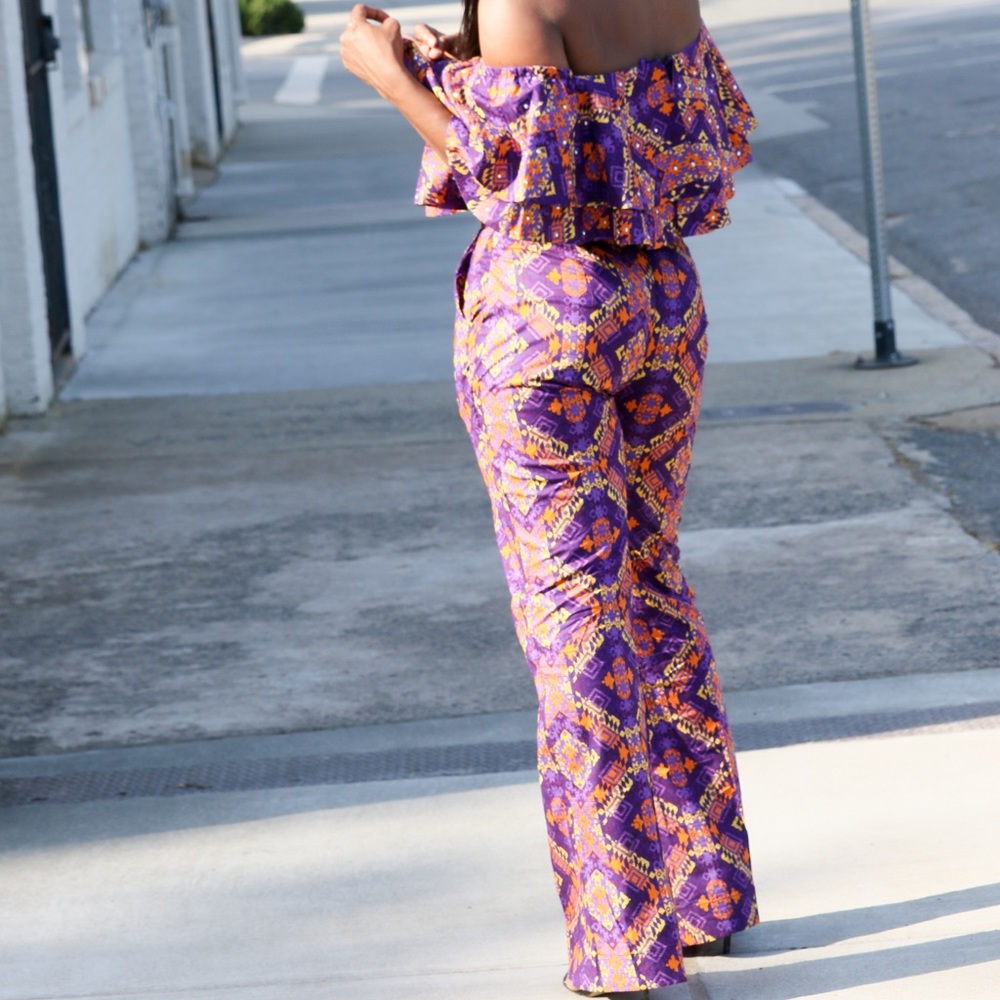 African Print Off Shoulder Crop Top Set For Women - Picture 3 of 8