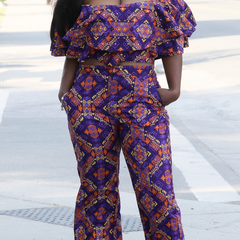 African Print Off Shoulder Crop Top Set For Women - Picture 6 of 8