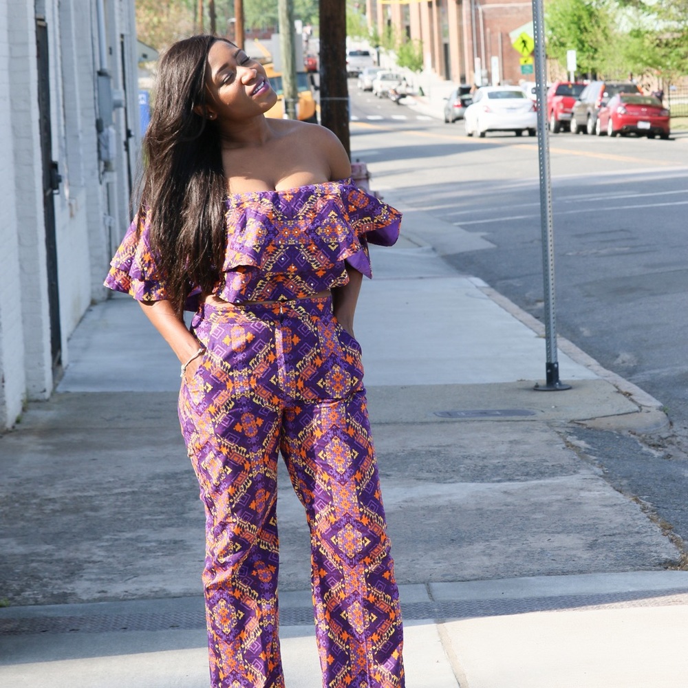 African Print Off Shoulder Crop Top Set For Women - Picture 7 of 8