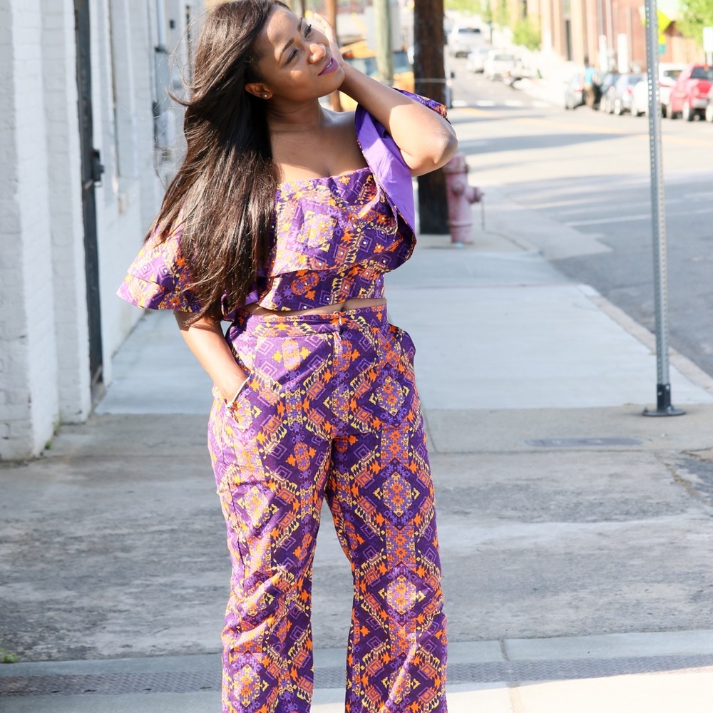 African Print Off Shoulder Crop Top Set For Women - Picture 8 of 8