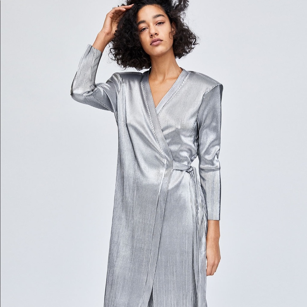 Zara Silver Long Sleeve Wrap Dress