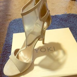 Beige mesh t-strap heels