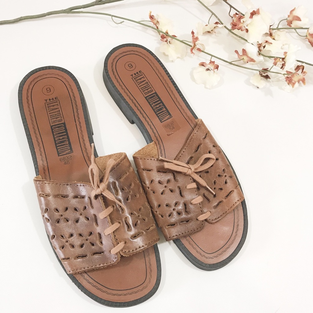 The Leather Collection Lace Up Peep Toe Slides
