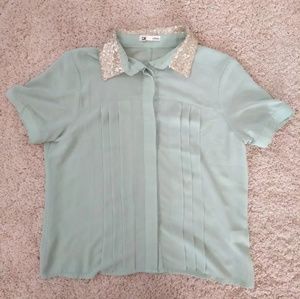 Mint blouse with gold sequin collar