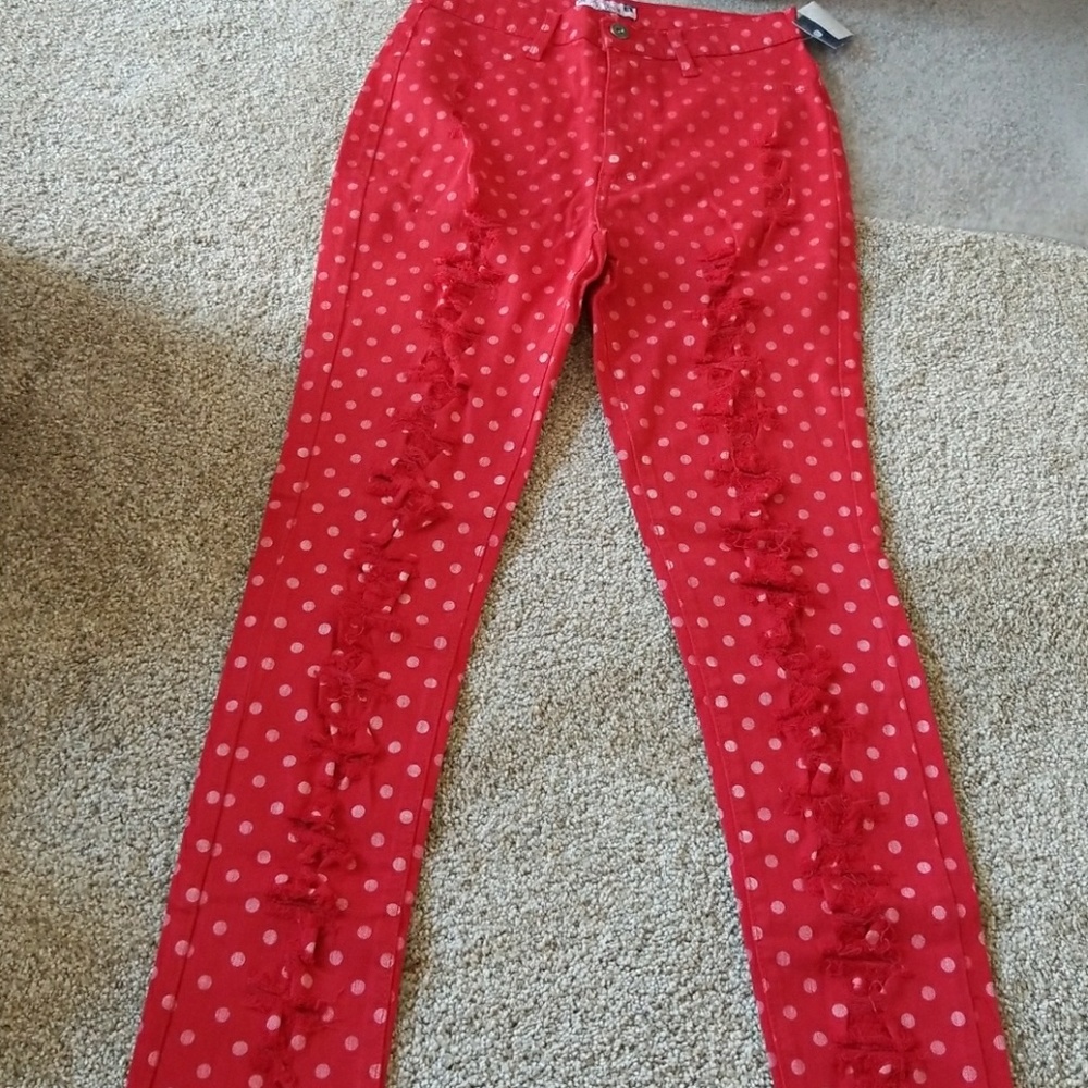 Red polka dot distressed jeans