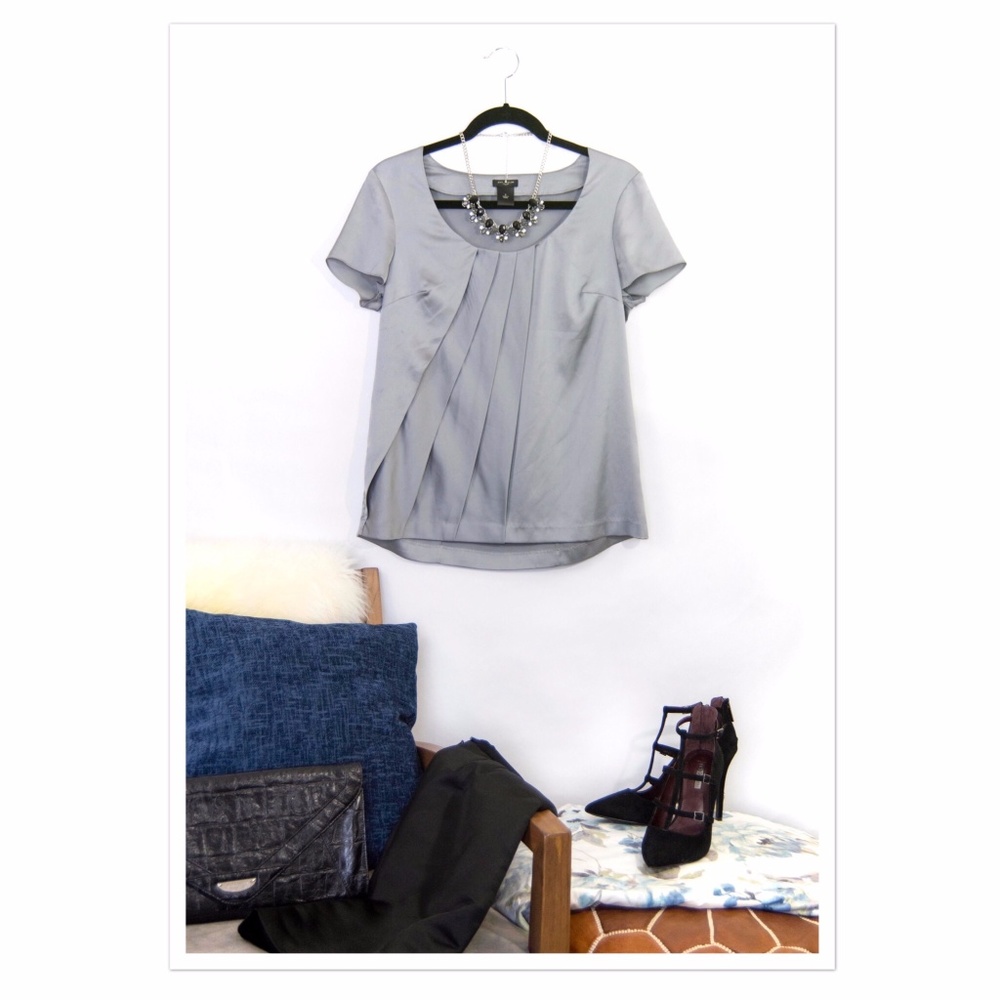 Ann Taylor Silver Satin Pleated Blouse S