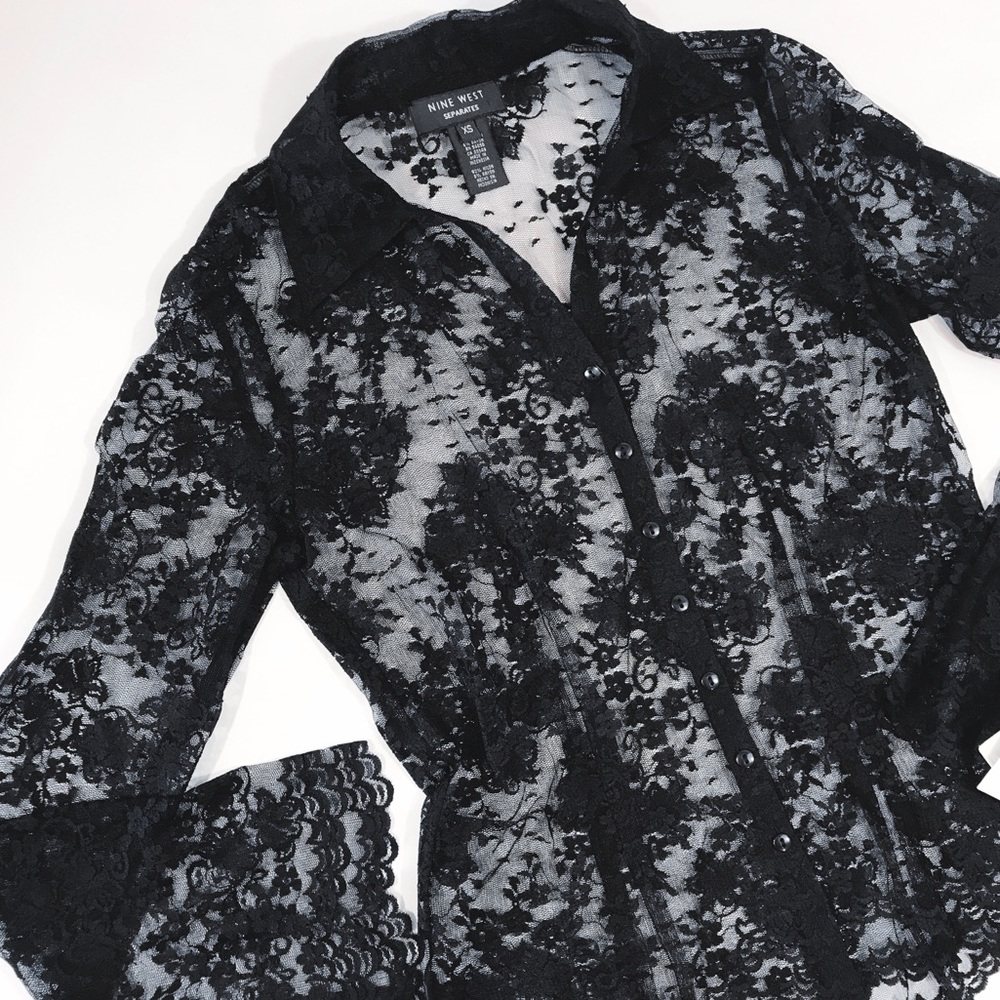 NWT Nine West Black Lacy Button Up Shirt